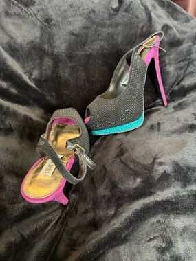 Steve Madden Black Suede Open-Toe Slingback Heels with Pink and Teal Accents